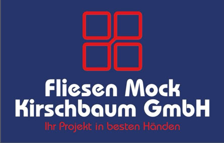 Blaues Logo mit vier roten Quadraten oben, darunter der Text "Fliesen Mock Kirschbaum GmbH" in Wei&szlig; und "Ihr Projekt in besten H&auml;nden" in Rot.